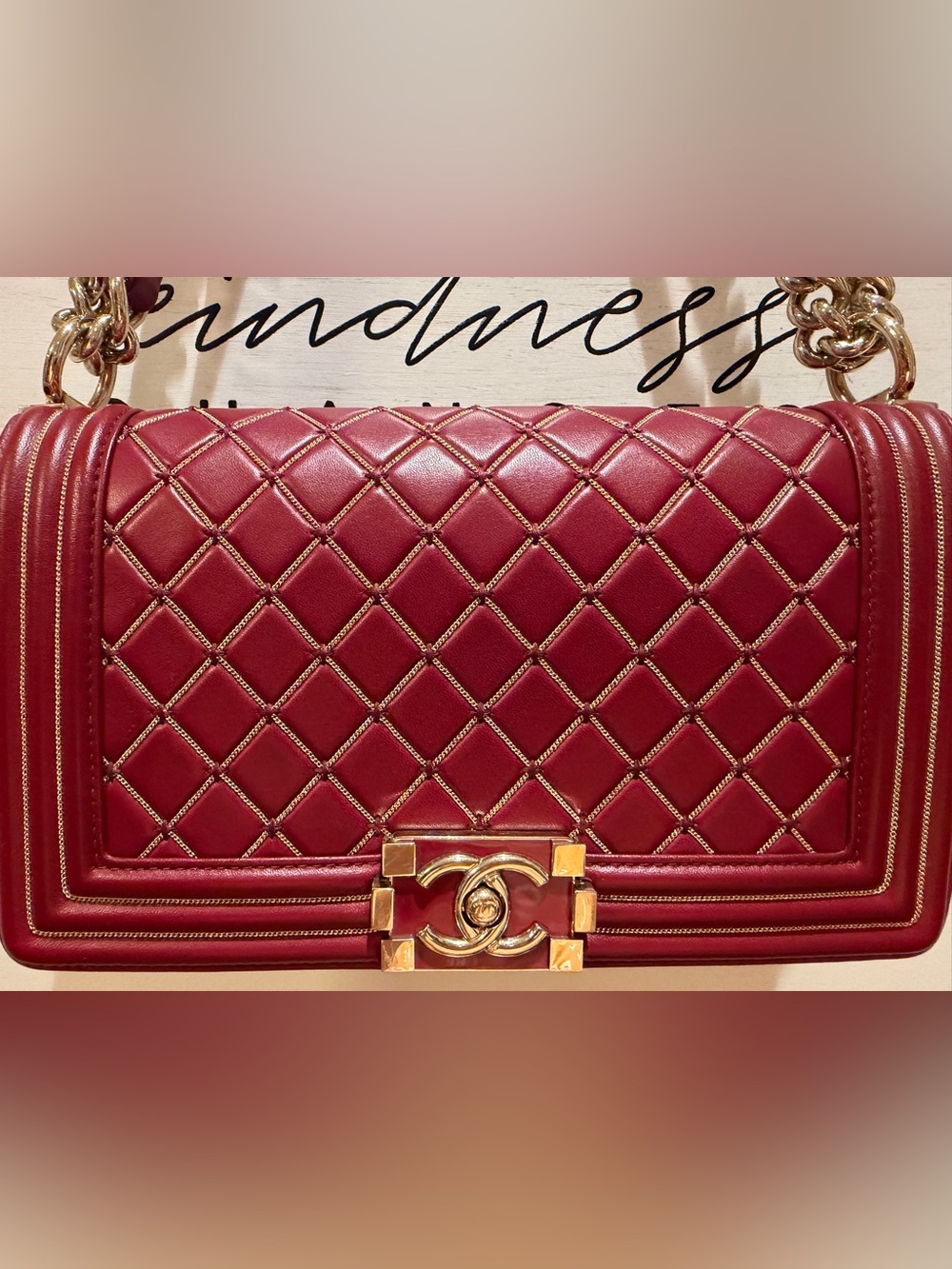 CHANEL Red Lambskin Leather Micro Chain Quilted Medium Boy Bag Gold Purse RARE